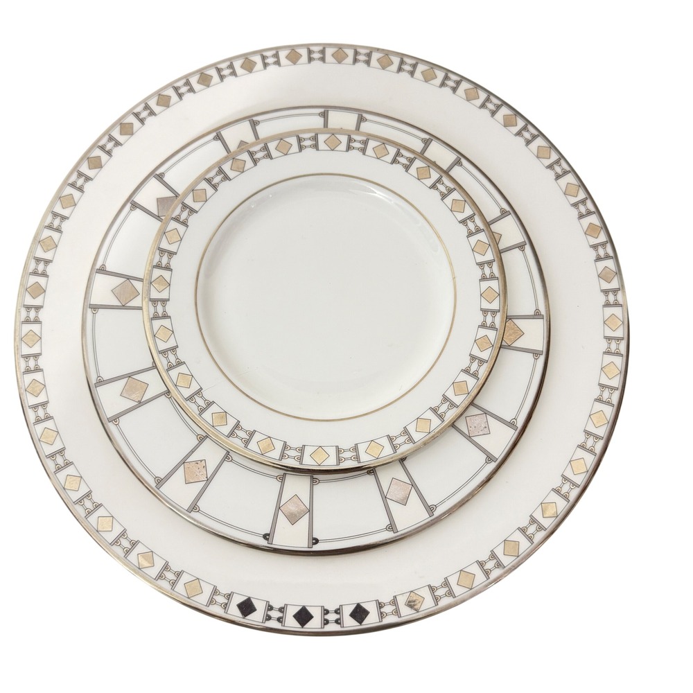 Lenox Prism Platinum Dinnerware Set 3pc White Gold Geometric Millennium Edition